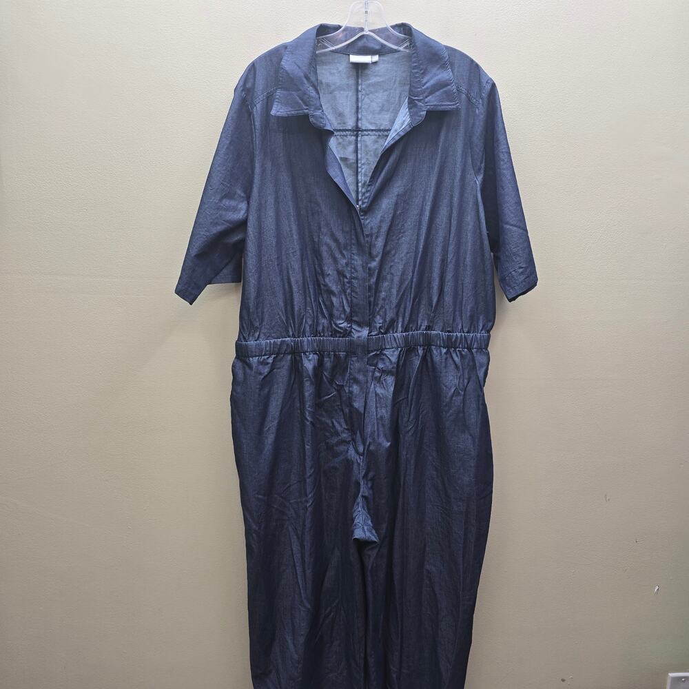 Eshakti Chambray Elastic Waist Jumpsuit Blue Size 2X/20W Plus Zip Up Top
